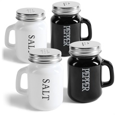 com-four® 4-teiliges Salz- und Pfefferstreuer-Set - Gewürzstreuer mit Schraubdeckel und Henkel - Gewürzglas in Bierkrug-Form mit Aufschrift - moderne Schüttler (4-teilig - Glas schwarz/weiß)