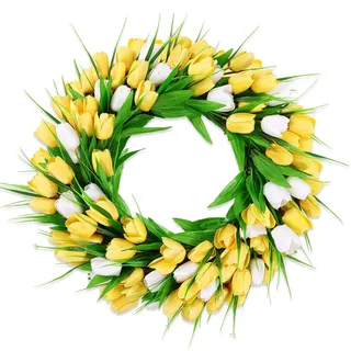 Enyhom Künstliche Tulpenkranz Ganzjährig, 45cm Türkranz Frühling Sommer Außen Deko für Bauernhaus, Lebensechte Blumen Dekokranz für Haustür Wohnzimmer Wand Dekoration