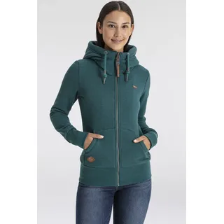 Sweatjacke RAGWEAR "NESKA ZIP O", Damen, Gr. XXL, blau (petrol), Sweatware, Obermaterial: 90% Baumwolle, 10% Polyester, kontrastfarbene Details, unifarben, figurbetont normal, Rundhals, Rippbündchen, Sweatjacken Sweatjacke, figurbetont in melierter Optik und mit großer Kapuze, Topseller