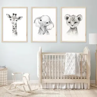 Baccone Kinderzimmer-Wandkunst-Dekor-Set mit 3 Safari-Tier-Wandkunst, Dschungeltier-Thema, Wanddekoration, Löwe, Affe, Giraffe, Wald, Baby, Kinderzimmer, Leinwand, Wandkunst, Dekor, 30.5x40.6 cm