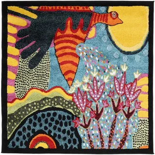 RugVista Sun Rise Teppich, 120 x 120 cm, Multi/Teal | Moderne, Unsere Designer, Quadratisch, Niedriger Stapel, Nur chemische Reinigung, Oeko-Tex 100