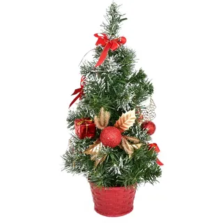 Weihnachtsbaum 35 cm, Rot, mit rotem und goldenem Weihnachtsstern, Kugeln und Schleifen - Rot