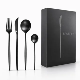 LORELEY® MITTELRHEIN Germany Premium Besteck Set Schwarz Matt – 24 teilig für 6 Personen – Edelstahl, spülmaschinenfest – Modernes Design – Für Zuhause, Hochzeit, Restaurant & Hotel – Edle Geschenkbox