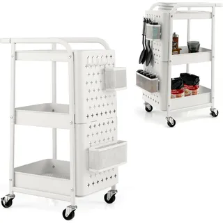 COSTWAY 3-stöckiger Servierwagen, Küchenwagen mit 2 Steckplatten, 2 Körben, 4 Haken & Griff, Rollwagen Allzweckwagen für Küche, Garage & Büro, Weiß - Weiß
