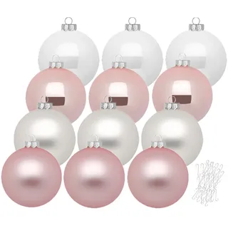 Inge Glas große Weihnachtskugeln mit Haken | Christbaumkugeln aus Glas | Set 12 Kugeln 8cm groß und 40 Aufhänger | Christbaumschmuck Weihnachtsbaumkugeln (Noble Rose | rosa weiß)