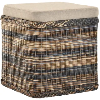 Rattan Wäschekorb Wäschetruhe Sitz gepolstert Flur-Bank Aufbewahrungsbox mit Deckel Bad-Hocker Sitzhocker Wäschesammler Sitz-Truhe Natur (Mehrfarbig, Quadratisch)
