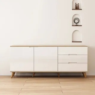 Sideboard OTTO HOME "Lund", weiß, B:180cm H:75cm T:40cm, ABS-Kunststoff, FSC-zertifizierter Holzwerkstoff, Holzwerkstoff, MDF, Melamin, Sideboards, Sideboard, mit glänzenden Fronten, Griffmulden, helles Holzdekor, Breite 180 cm