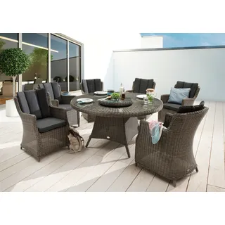 Destiny Garten-Essgruppe »LUNA« 6x Sessel, 1x Tisch, 1x Drehteller, inkl. Auflagen, 19 Stk. tlg. Aluminium, Polyrattan, grau