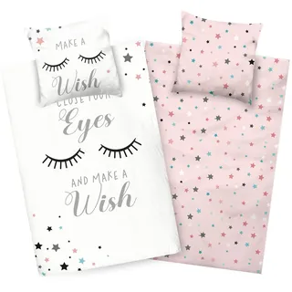 Aminata kids Bettwäsche 135x200 Sterne Wimpern Teenager Mädchen Baumwolle rosa weiß | YKK Reißverschluss | Wolke Spruch - Jugendliche Kinder-Wende-Bettwäsche-Set