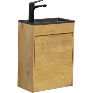 Badplaats Gäste-WC Waschtisch Set Sinta 40 x 22 cm Eiche - Badmöbel Set mit Schwarze Waschbecken und Unterschrank, Vormontiert und mit Soft-Close