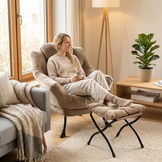 Sessel mit Hocker, Armlehnen, Seitentasche, Fußstütze, Loungesessel, Fernsehsessel