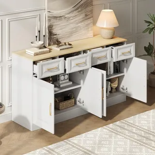 STILVORA Sideboard mit Stauraum,Buffetschrank landhausstil mit 4 Schubladen,Kommode mit 4 Scheunentüren,für Küche, Esszimmer, Wohnzimmer,Weiß - Weiß