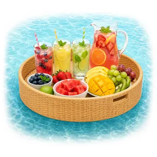 Relaxdays Schwimmendes Tablett, Natur | 2 in 1 Pooltablett für Getränke & Snacks, HD: ca. 20x60 cm, Rattan, unsinkbar