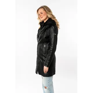 Ledermantel MAURITIUS "MWMilene", Damen, Gr. XL, schwarz, Obermaterial: 100% Schafsleder. Futter: 100% Baumwolle. Ärmelfutter: 100% Polyester, unifarben, tailliert ca. Mitte Oberschenkel, Mäntel Ledermantel, mit Nylonkapuze und Stehkragen