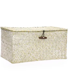 IGNPION Aufbewahrungskorb aus Seegras mit Deckel, gewebter Weidenkorb, Desktop-Korb, rechteckig, Badezimmer-Aufbewahrungsorganizer-Box, Wohnzimmer, dekorativer Regal-Unterkorb