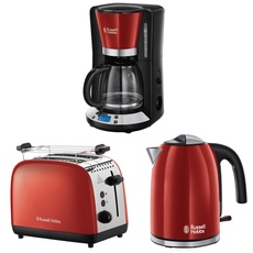 Russell Hobbs Frühstücksset Colours+ Rot: Kaffeemaschine [Digitaler Timer, Brausekopf für optimale Extraktion&Aroma] 24031-56 + Wasserkocher [1,7l, 2400W] 20412-70 + Toaster [für 2 Scheiben] 26554-56