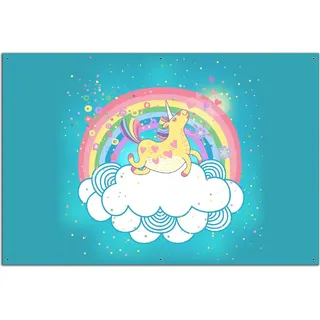 Wallario Outdoor-Poster für Garten oder Balkon, Motiv Lustiges Einhorn auf einer Wolke vor Regenbogen, in ca. 61 x 91,50 cm - Türkis