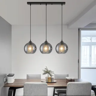 JHYPVII Pendelleuchte 3 Flammig Rauchglas Esszimmerlampe Hängend Schwarz Glaskugel Pendellampe Höhenverstellbar mit Kreative Kristall Design E27 Hängelampe für Küchen Wohnzimmer
