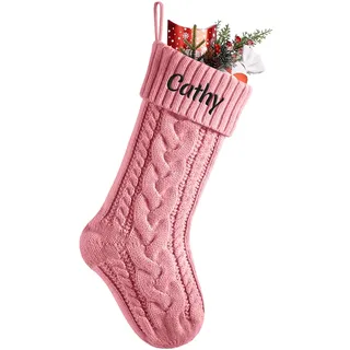 Cysincos Weihnachtsstrumpf Personalisiert Name 46cm große gestrickte Christmas Stockings Nikolausstrumpf hängende Familie Weihnachtsstrümpfe für Party Weihnachten Deko (Rosa)
