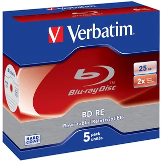 Verbatim BD-RE Single Layer Blu-ray Rohlinge 25 GB, Blu-ray-Disc mit 2-facher Schreibgeschwindigkeit, mit Kratzschutz, 5er-Pack Jewel Case, Blu-ray-Disks für Video- und Audiodateien