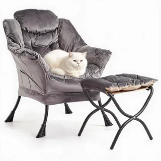 IDEALHOUSE Bequemer Samt-Sessel mit Hocker, Loungesessel | Verstellbare Rückenlehne, Seitliche Tasche, Abnehmbarer Fußhocker–Modernes Lese-&Fernsehsessel Set, Dutch Velvet
