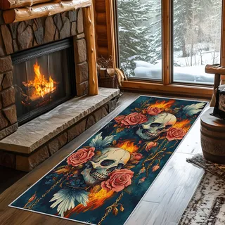 Generisch Läufer Flur Skelett, Waschbarer Teppich Läufer Horror Flammen Totenkopf Gothic 60x120, Küchenteppich, Eingangsbereich, Bettvorleger, Schlafzimmer Deko, rutschfest, Kurzflor c260