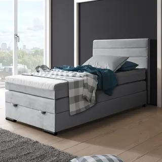 Boxspringbett Tulia 120 x 200 cm Einzelbett mit Topper Bett mit Taschenmatratze und Federkernmatratze Bettkasten, Stoff: mono 232 - Grau - Grau