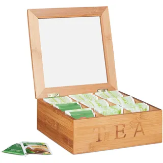 Relaxdays Teebox Bambus, mit 9 Fächern, quadratische Teekiste, Sichtfenster, für Teebeutel, HBT: 8,5 x 22 x 22 cm, natur