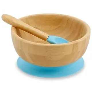 BIOZOYG Schüssel-Set aus Bambus, rund, I Schüssel mit Saugnapf mit Löffel – FSC-zertifiziert I Set mit Schüsseln für Kinder – Babybrei-Schüssel & Müsli I Geschirr aus Bambus, rund, blau