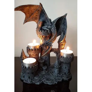 Majestätischer Drachen Kerzenhalter XXL 3er Teelichthalter mit Burgturm Geschenk - Gothic Fantasy Deko Figur - Stimmungsvolle Beleuchtung - 24x19x13 cm für Drachenliebhaber