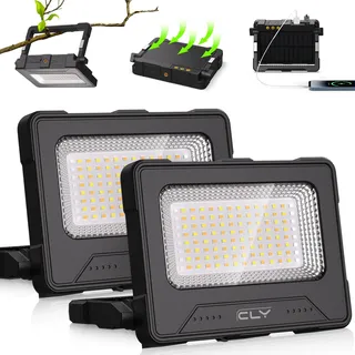 CLV 100W LED Baustrahler 12000MAH Led Arbeitsleuchte Akku Strahler 4 Lichtmodi Campinglampe Tragbar 5 Helligkeiten Solar USB-Aufladung Akku Lampe PowerBank für Camping, Garage, Bau, Reparatur, Notfall