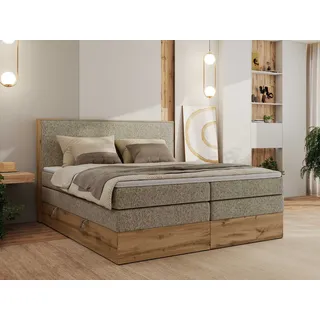 MKS Meble Boxspringbett WOOD CLASSIC KING, Doppelbett mit zwei Multipocket-Matratze und Toppper, hohe Kopfteil, Stauraum - 140 x 200 cm - H4 - Dunkelbeige Struktur - Beige