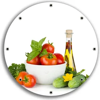Wallario rundes Outdoor-Poster für Garten oder Balkon, Motiv Frische Salatzutaten mit Kräuter-Öl - Tomaten, Gurke, Petersilie, 30 cm Durchmesser - Weiß
