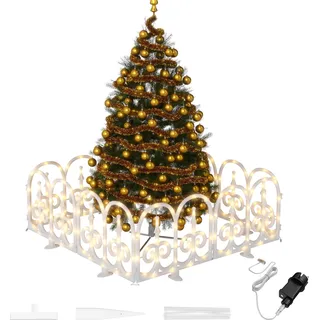 SUBTLETY 10x Weihnachtsbaum Zaun Weiß mit LED Mini Gartenzaun Beleuchtet Kunststoff Lattenzaun Zaun Weinachtsdeko Gartendekor Weihnachtsbeleuchtung für drinnen und dr, Gewölbt - Weiß