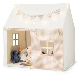 FANTASK Kinder Spielhaus für Drinnen, Kinderzelt mit Matte und Lichtern, Kinderspielhaus mit Flaggenbanner & Fenstern, Prinzessin Zelt für Jungen & Mädchen ab 3 Jahren (Beige)