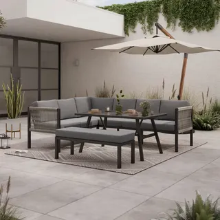 Ambia Garden Dining-Loungeset , Anthrazit, Dunkelgrau , Metall, Kunststoff, Glas, Textil , 5-teilig , Füllung: Schaumstoff,Polyester , seitenverkehrt montierbar, nicht einzeln stellbar , 241x187 cm , Tisch mit Glasplatte , Gartenmöbel, Gartengarnituren, Gartenmöbel-Sets