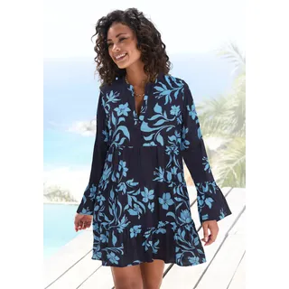 Strandkleid LASCANA, Damen, Gr. 32/34, N-Gr, blau (blau, marine bedruckt), Web, Obermaterial: 100% Viskose, bedruckt, figurumspielend ca. Mitte Oberschenkel, Rundhals, Volant, Kleider Strandkleid, mit Blumendruck in weiter Passform, Sommerkleid mit langen Ärmeln