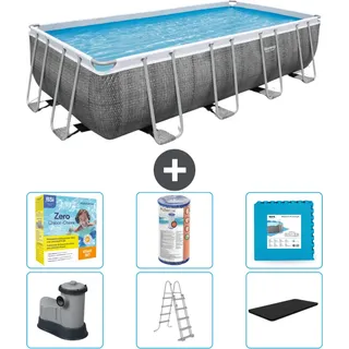 Bestway rechteckiges Power Steel-Schwimmbecken – Rattan-Druck – 549 x 274 x 122 – inklusive Pumpe – Leiter – Abdeckung Wartungspaket - Filter - Bodenfliesen