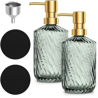 2er-Set Seifenspender Glas 450 ml mit 2 schwarzen Untersetzern & 1 Trichter – Nachfüllbarer Soap Dispenser für Küche & Bad, Grün