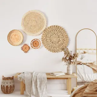 AQCQDQ Wandkorb Dekoration, Boho Dekor, Schlafzimmer Wanddekoration, Hängende Rattan Geflechtkörbe, Rustikale Wandkunst Dekoration (Kombination2-5 teiliges)