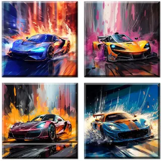 4 Stück Auto Poster SuperCar Poster Leinwand Art Prints Supersportwagen Wall Art für Jungen und Männer Rennwagen-Wandkunst für Büro, Schlafzimmer, Wohnzimmer, Garagendekoration (Unframe, 30 x 30 cm)