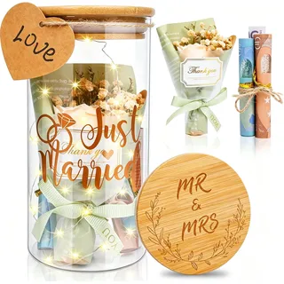 Hochzeitsgeschenke für Brautpaar,LED Flaschenlicht Hochzeit Geldgeschenk mit Trockenblumen,Anhänger und LED-Leuchten,Just Married Spardose,Hochzeitsgeschenk Geld (Hochzeit)