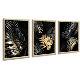 FajerminArt 3 Teilig Leinwandbilder Bilder Abstrakt Schwarzes Gold Baum Blätter bild auf leinwand Wandkunst Modern Wandbilder Kunstdruck Deko für Wohnzimmer Schlafzimmer fertig zum Aufhängen 30x40x3