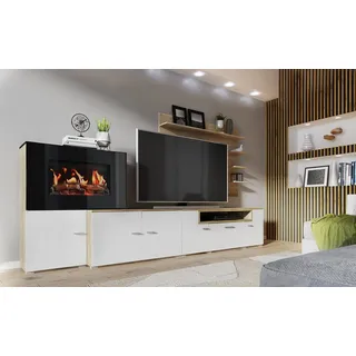 SKRAUT HOME Skraut Home- Wohnmöbel mit elektrischem Kamin mit 5 Flammenstufen, mattweißer Oberfläche und gebürsteter Heller Eiche, 290 x 170 x 45 cm