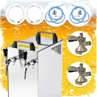 Komplett Set Zapfanlage Kontakt 40/K Bierzapfanlage 2-leitig Trockenkühlgerät aus Edelstahl, 50 Liter/h, mit Membranpumpe, Green Line, Zapfkopf:5 Liter Adapter,Zapfkopf 2:Dreikant - Silber