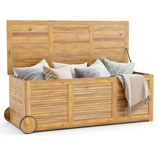 Fantask Gartenbox Holz, Auflagenbox mit Rollen, Aufbewahrungsbox mit wasserdichter 2-in-1-Abdeckung und Griff, Natur