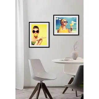 Bild QUEENCE "Urlaubsgefühle", gelb (farbe rahmen: schwarz, farbe bild(er): gelb), B:50cm H:40cm, Acrylglas, Holz, Papier, Bilder, Bild, HD Premium Poster-Druck inkl. Holzrahmen