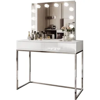 lookway Schminktisch BLANCO GLAMOUR ELITE mit Spiegel und Beleuchtung Weiß Hochglanz Push Open