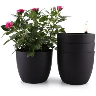 T4U 15cm Selbstwässernder Blumentopf mit Wasseranzeiger Schwarz 4er-Set, Selbstbewässerung Wasserspeicher Pflanzgefäß Übertopf für Innen- und Außenbereich