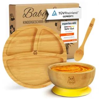 Babylovit Bambus Kinderteller | TÜV Geprüfter Baby Teller mit Saugnapf & Esslernbesteck | BLW Beikost Zubehör | Esslernlöffel Baby Melamin & BPA frei | Kinder Teller mit Saugnapf | Kinderbetseck